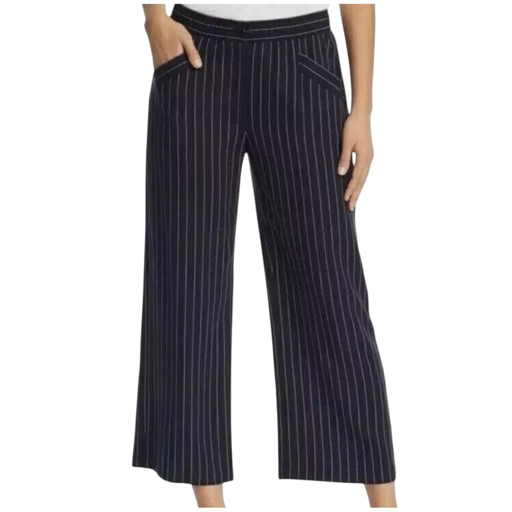 Eileen Fisher Pinstripe Wide Leg Cropped Pants Womens XXS Tencel Navy White
